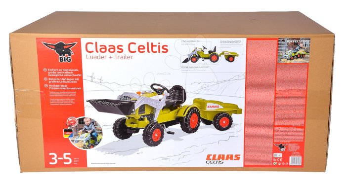 BIG, pedaltraktor m/ frontlastare och vagn, Claas Celtis
