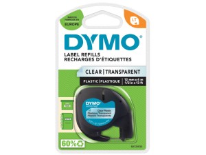 DYMO Letratag plastiktape, svart på insyn, 12mm x 4m Roll, selvklæbende