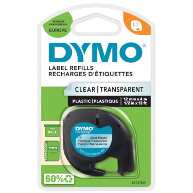 DYMO Letratag plastiktape, svart på insyn, 12mm x 4m Roll, selvklæbende