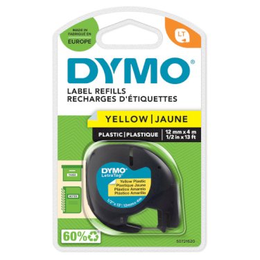 DYMO Letratag plastiktape, svart på gul, 12mm x 4m rulle, selvklæbende