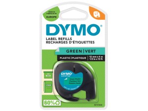 DYMO Letratag plastiktape, svart på grön, 12mm x 4m rulle, selvklæbende