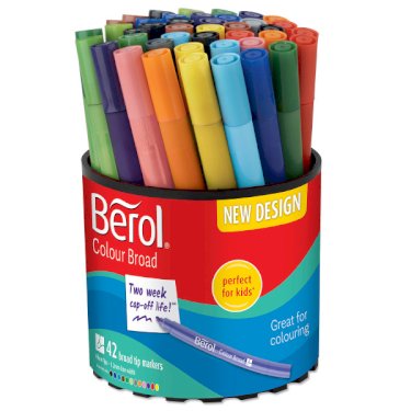 Berol filtspids farvetuscher, tyk spids (1,2 mm), vaskbare, forskellige färger, burk med 42 styk