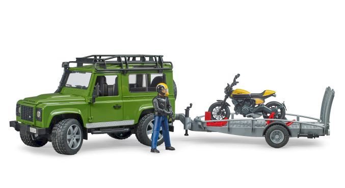 Bruder, Land Rover m/ trailer, flat track-motorcykel och fører