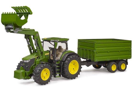 Bruder, John Deere 7R 350, traktor m/ frontlastare och tippsläp 
