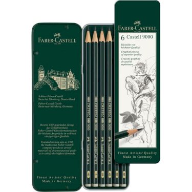 Faber-Castell Castell 9000, skitseblyanter, 6 stk. i metalæske